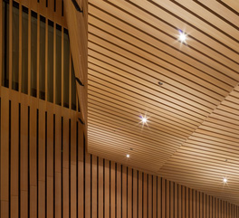 Laminated strand lumber (LSL), on of several mass timber products, is shown here in closeup as part of a architectural ceiling element