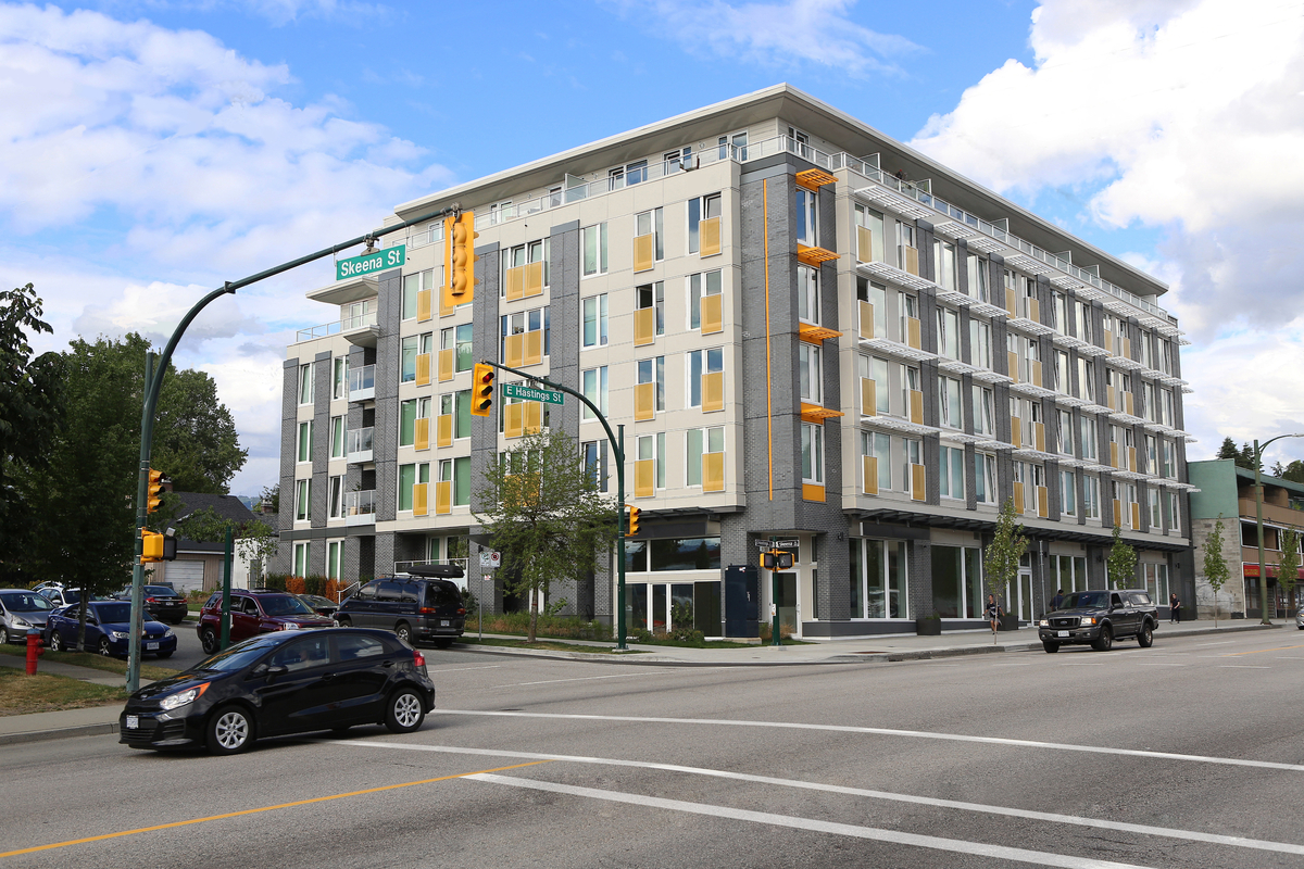 The six storey East Vancouver Heights residential rental building, a daytime exterior view of which is shown here, is one of the largest buildings to earn Passive House certification in Canada