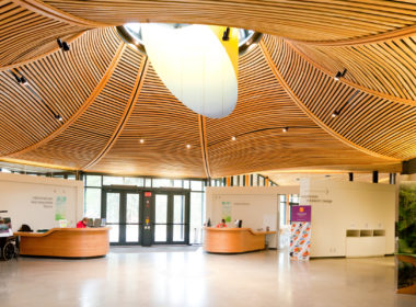 Interior view of low rise VanDusen Botanical Garden visitor center lobby featuring a prefabricated wooden ceiling made in the form of an inverted flower
